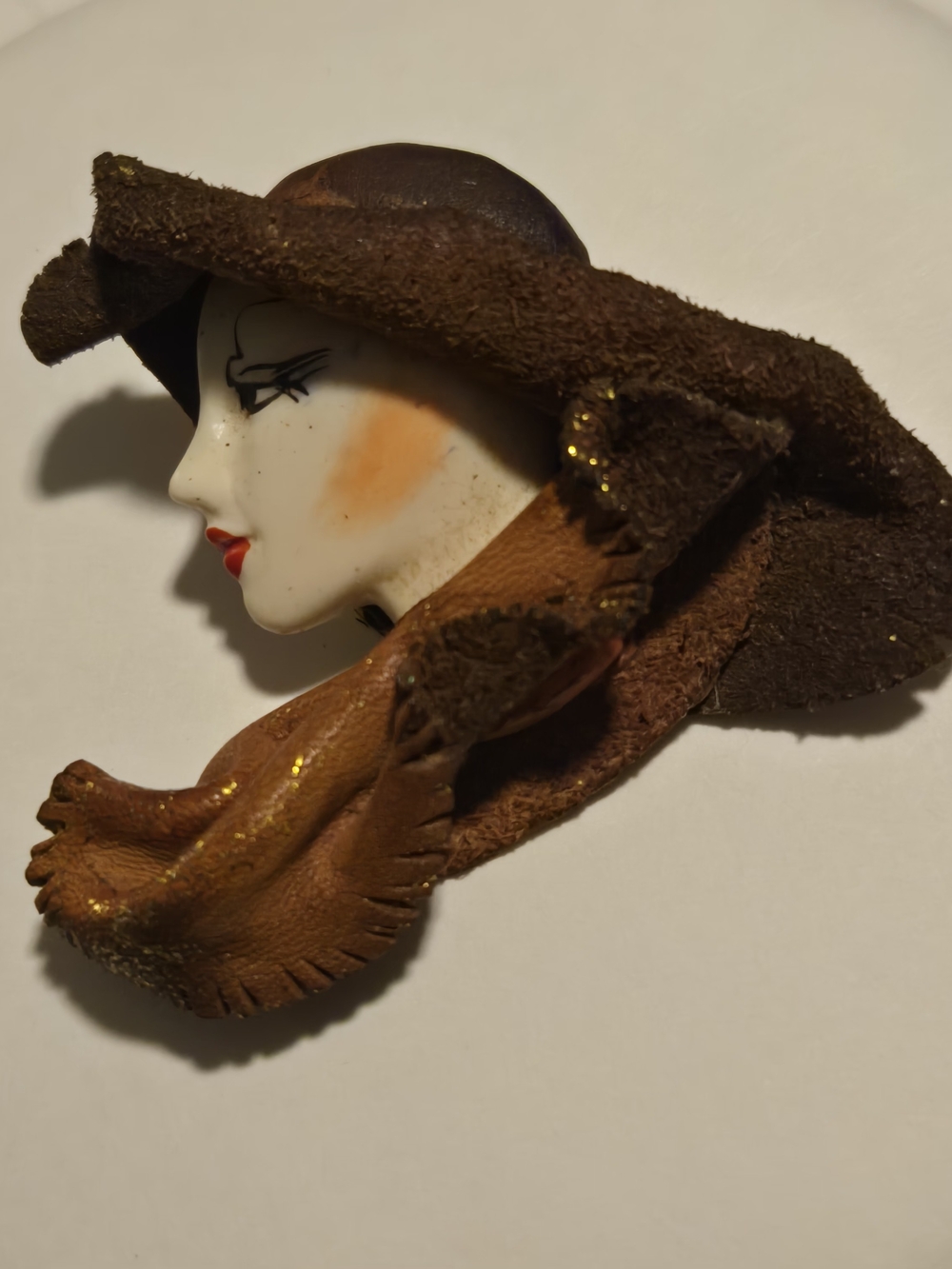 Vintage 80 Woman Face Brooch in Brown and Tan